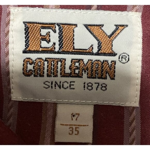 ELY Cattleman Western Shirt Mens 17 Maroon Red Stripe Rodeo Pearl Snap Long Slv - Picture 9 of 9